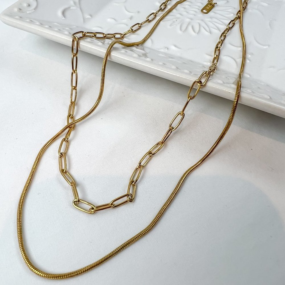 Double Layered 18k Gold Plated Necklace Chain Choker Layered Necklace Gold - Picture 6 of 10